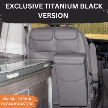 Brandrup EXCLUSIVE Cabin Seat Storage and Multibox for the Left Cabin Seat VW California Ocean/Coast/SE T5/T6/T6.1 – Black Leather Titanium (3 Pockets)